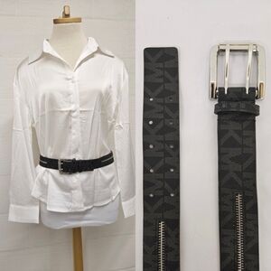 MICHAEL Michael Kors Black Monogram Zippered Belt Silver Tone Buckle Size Large